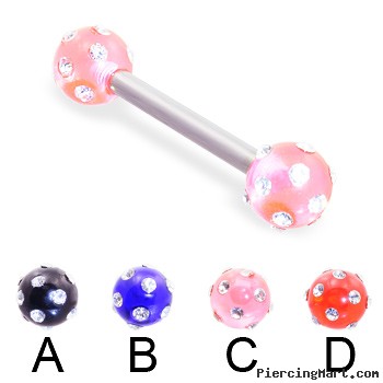 Straight barbell with multi-gem acrylic colored balls, 12 ga