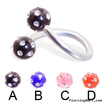 Twister barbell with multi-gem acrylic colored balls, 12 ga