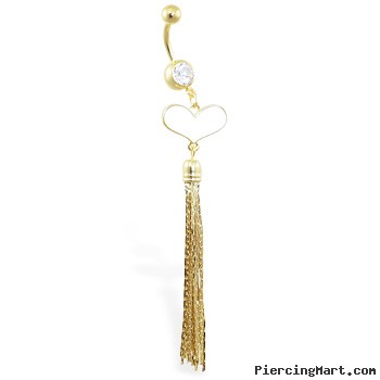 Gold Tone belly ring with dangling heart and long dangling chains