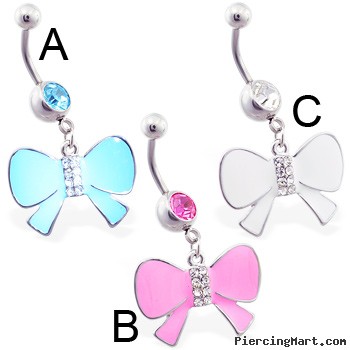 Belly ring with dangling jeweled colored bow