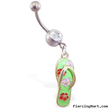 Navel ring with dangling green flipflop with flowers