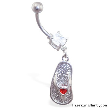 Navel ring with dangling flipflop with small jeweled red heart