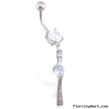 Navel ring with single CZ and jeweled dangle
