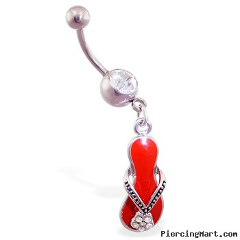 Belly ring with dangling red flipflop with jeweled flower