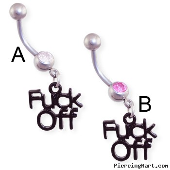 Jeweled belly ring with dangling black "F*CK OFF"