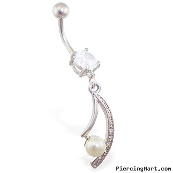 Navel ring with fancy jeweled dangle with pearl