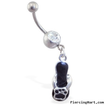 Navel ring with dangling black flipflop with animal print