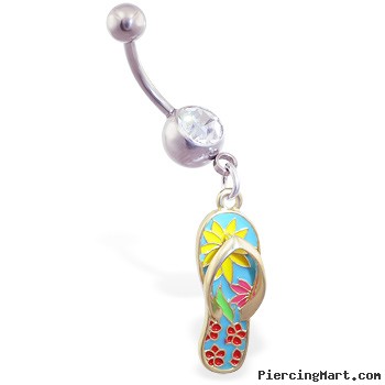 Navel ring with dangling light blue flipflop with flowers