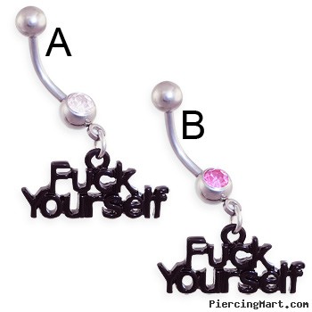 Jeweled belly ring with dangling black "F*CK YOURSELF"