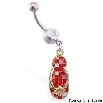 Jeweled navel ring with dangling red checkered flipflop with shell