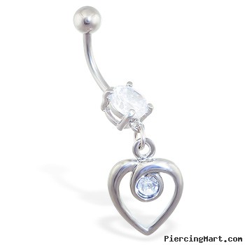 Belly Ring with Dangling Jeweled Looped Heart