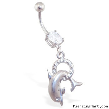 Navel ring with dangling dolphin and hoop