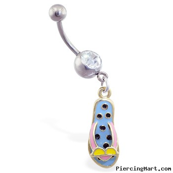 Navel ring with dangling polka dotted flipflop with sunglasses