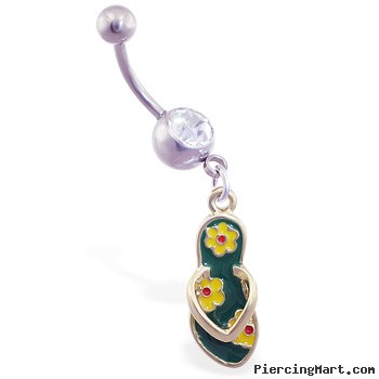 Jeweled belly ring with dangling green flipflop with flowers