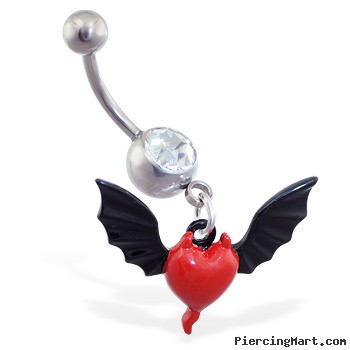 Belly ring with dangling red devil heart and wings