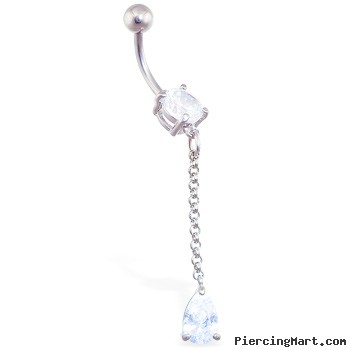 Jeweled belly ring with dangling teardrop CZ on chain