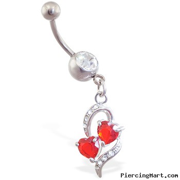 Navel ring with dangling red jeweled hearts within a heart