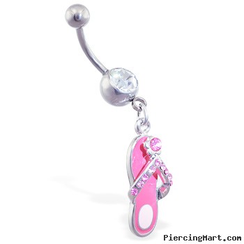 Jeweled navel ring with dangling pink jeweled flipflop and flower