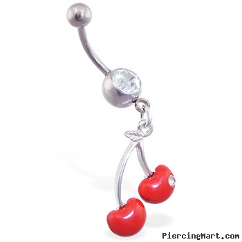 Jeweled navel ring with dangling red cherries with gem