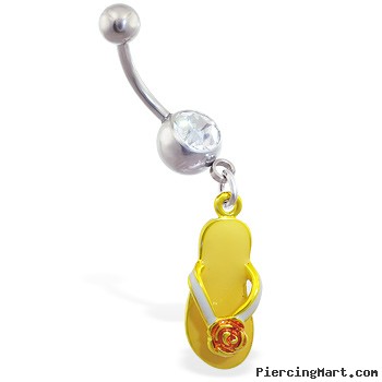 Jeweled navel ring with dangling yellow flipflop with flower