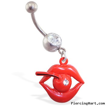 Jeweled navel ring with dangling lips and cherry
