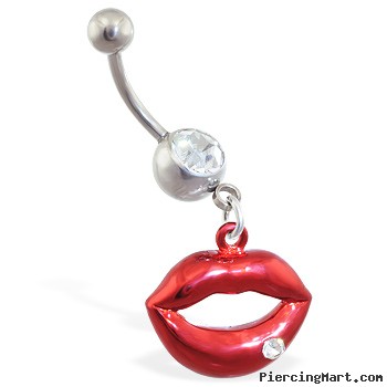 Navel ring with dangling red hot lips with gem