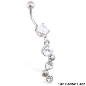 Jeweled navel ring with triple CZ bubbly dangle