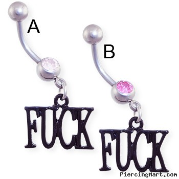 Jeweled belly ring with dangling black "F*CK"