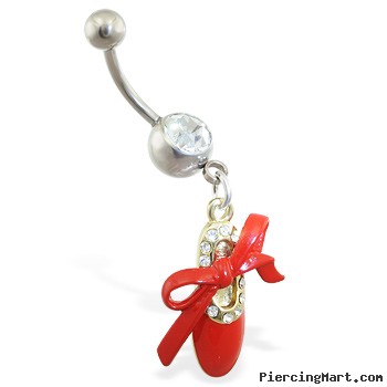 Jeweled belly ring with dangling red slipper and bow