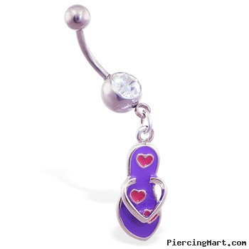 Jeweled belly ring with dangling purple flipflop with hearts