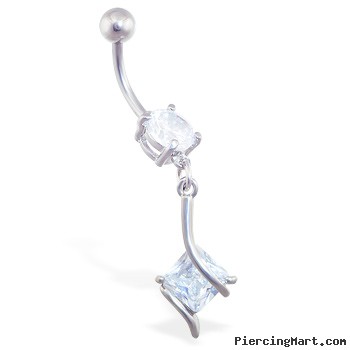 Jeweled belly ring with square CZ dangle