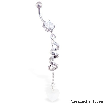 Jeweled navel ring with dangling CZ twister and heart on chain