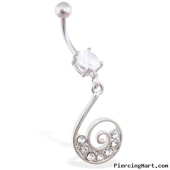 Jeweled navel ring with swirled CZ dangle