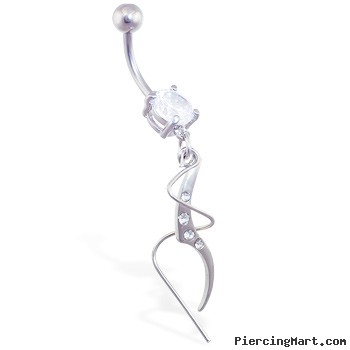 Jeweled belly ring with wavy CZ and twisted steel dangle