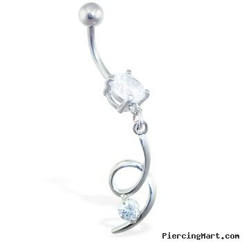 Jeweled navel ring with twisted CZ dangle