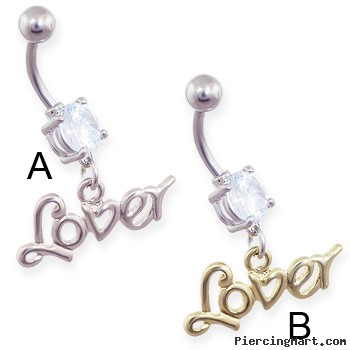 Jeweled belly ring with dangling word "Lover"