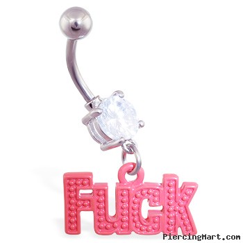 Jeweled belly ring with dangling red "F..k"