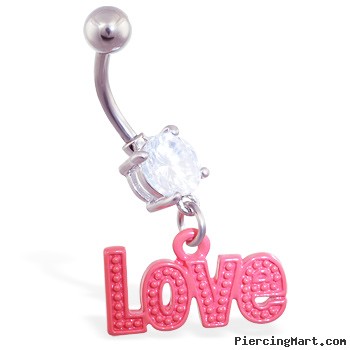 Jeweled belly ring with dangling red "Love"