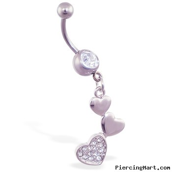 Navel ring with dangling jeweled triple hearts