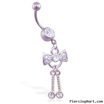 Navel ring with dangling jeweled bow and dangles