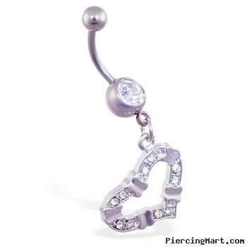 Jeweled belly ring with dangling jeweled fancy heart