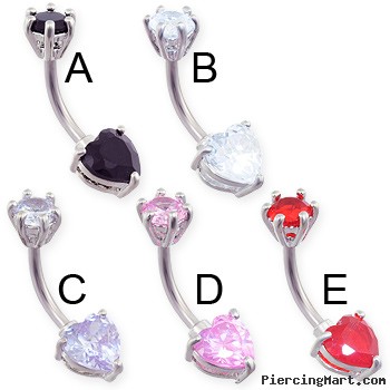 Double jewel pronged heart belly ring