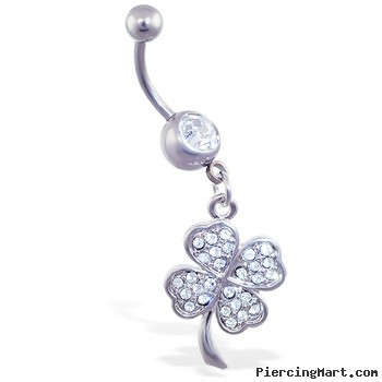 Belly ring with dangling jeweled clover