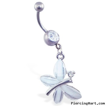 Navel ring with dangling clear glitter butterfly