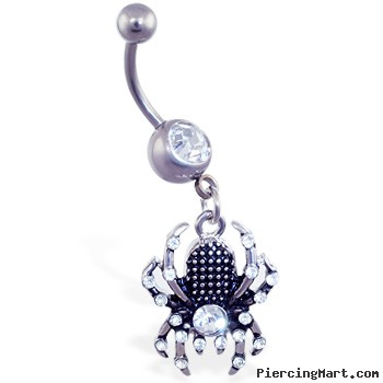 Navel ring with dangling jeweled black and steel colored spider