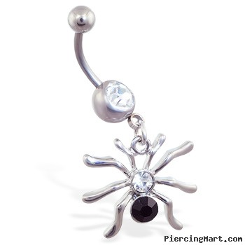 Navel ring with dangling jeweled spider