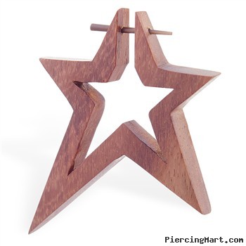Hand carved sono wood star stirrup earring with taper, 14 ga