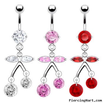 Navel ring with jeweled cherry dangle