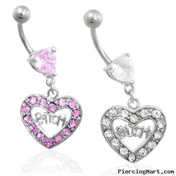 Jeweled heart belly ring with dangling heart and "BITCH"