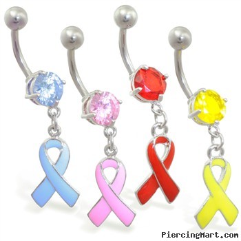 Navel ring with dangling colored ribbon